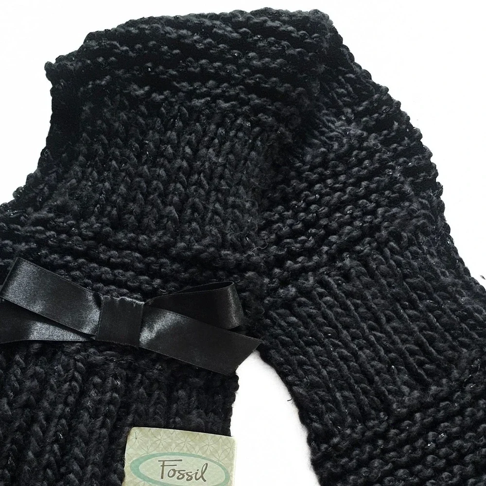 Fossil Lacey Lurex Black Chunky Knit Scarf with Satin Bows Metallic CW4003001